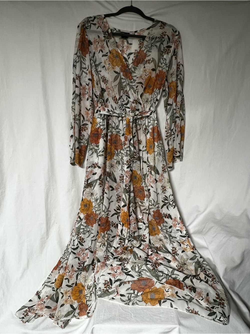 Floral Wrap Maxi Dress in White with Mustard & Olive Accents